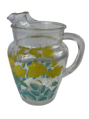 Vintage Federal Glass Pitcher Yellow Flowers Green Leaves Ice Lip Pour Spout